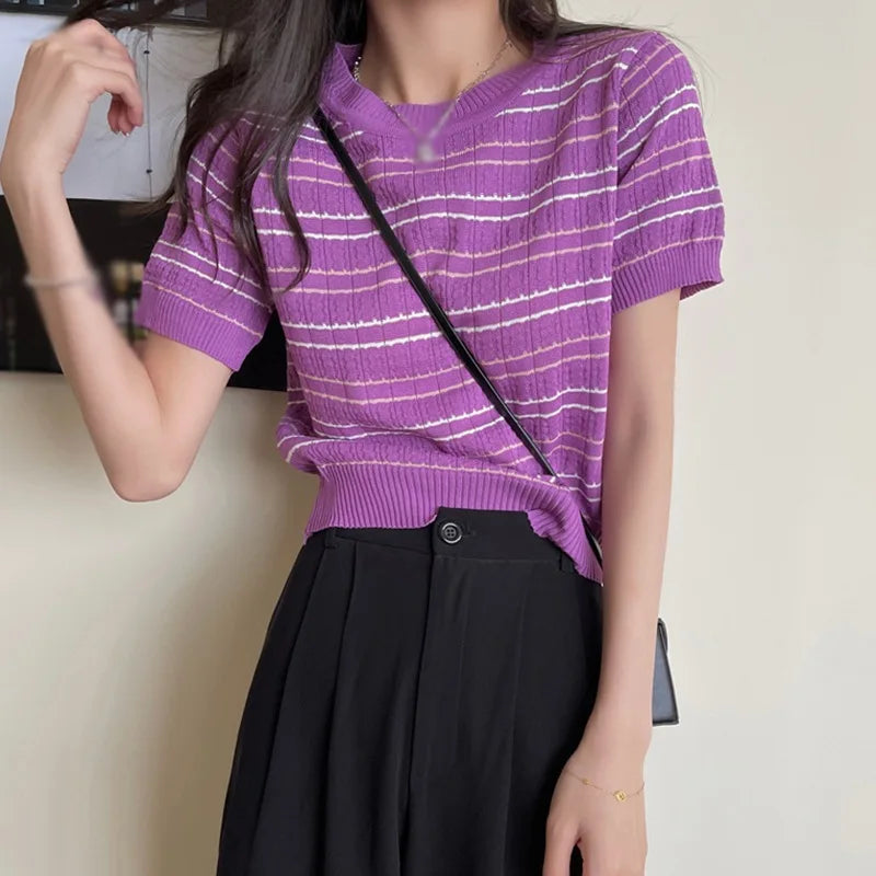 Summer Striped Women's Knitted Crop Top Casual O-Neck Short Sleeve T-Shirt Preppy Style Tees