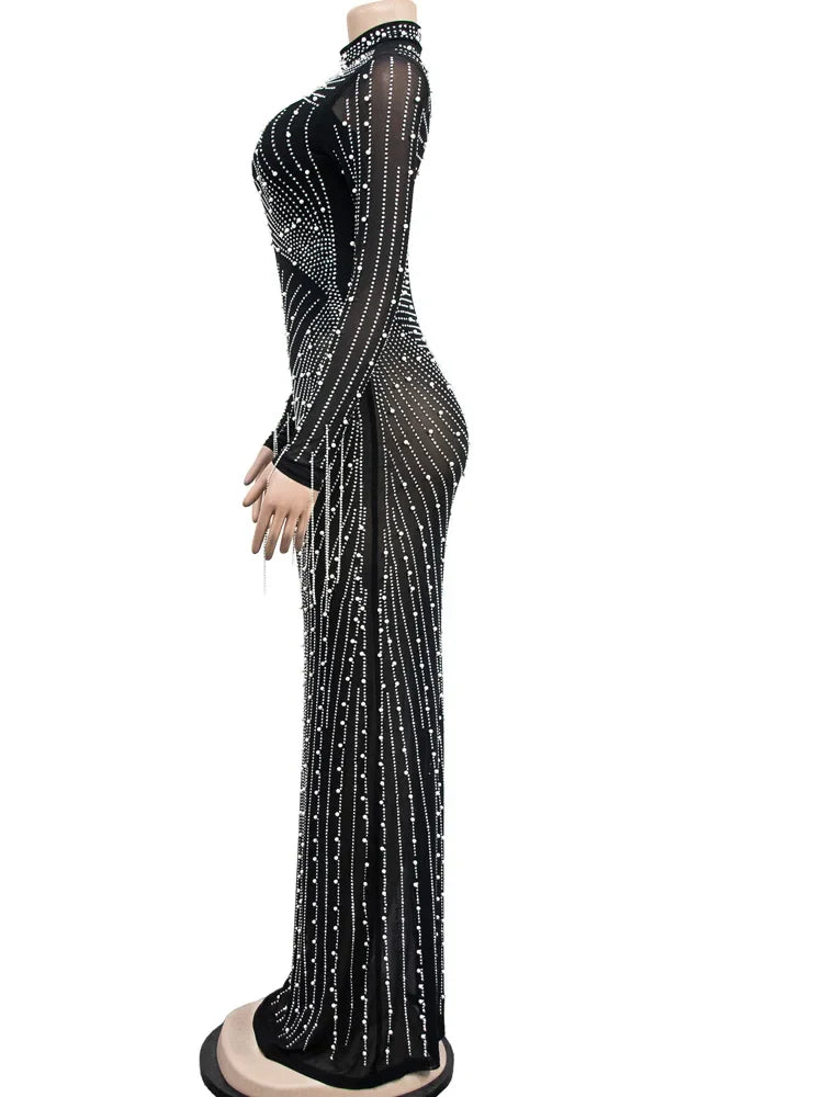 Pearl Rhinestone Mesh Evening Dress For Women Glam Gown
