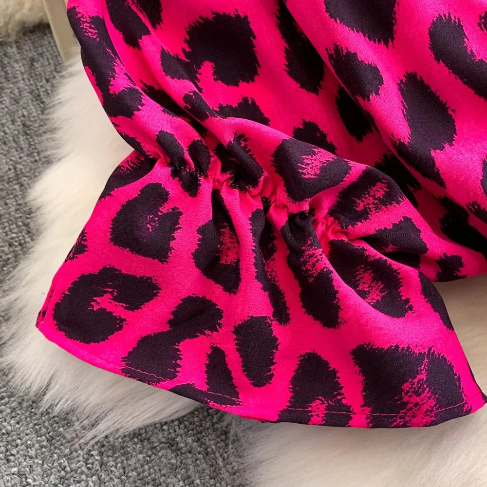 Women's Summer V-Neck Leopard Print Lace-Up Jumpsuit Short Sleeve Loose Fit Playsuit Overalls with Elegant Ruffle Detail