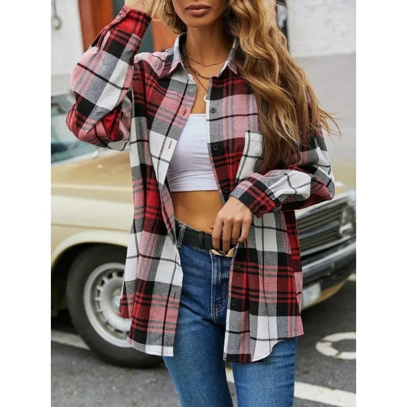 Korean Style Long-Sleeved Plaid Women's Shirt with Pockets Pleated Loose Fit High-End Fashion Top