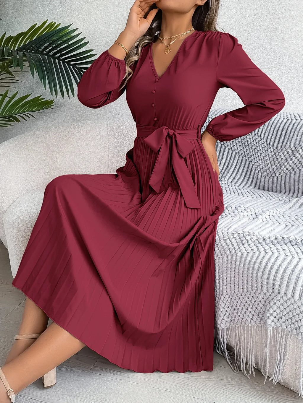 Elegant Autumn V Neck Belted Pleated Long Sleeve Dress