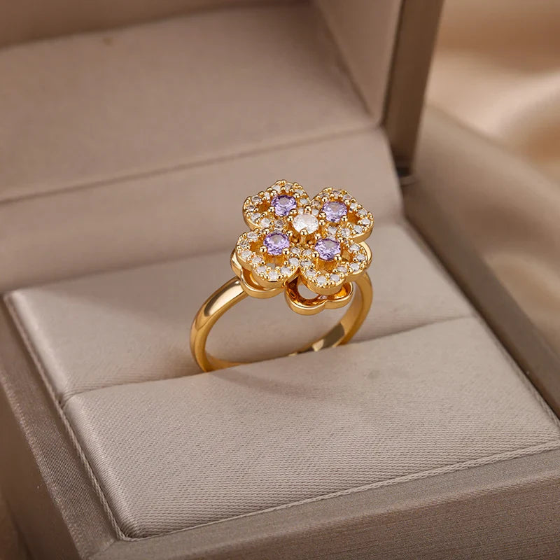 Spinner Zircon Heart Four Leaf Clover Fidget Ring for Women Stainless Steel Anti Stress Anxiety Jewelry Gift