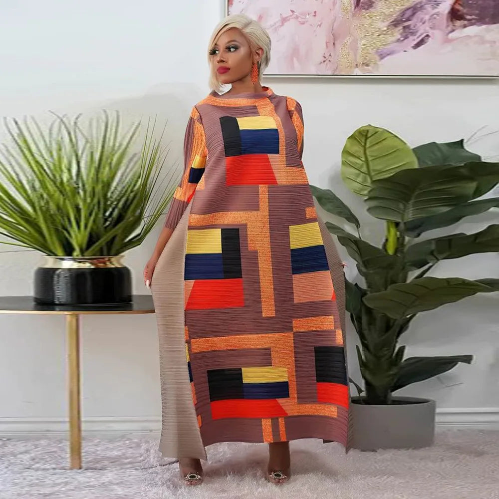 Leaf Print Pleated Boho Maxi Dress for Women Casual Beach