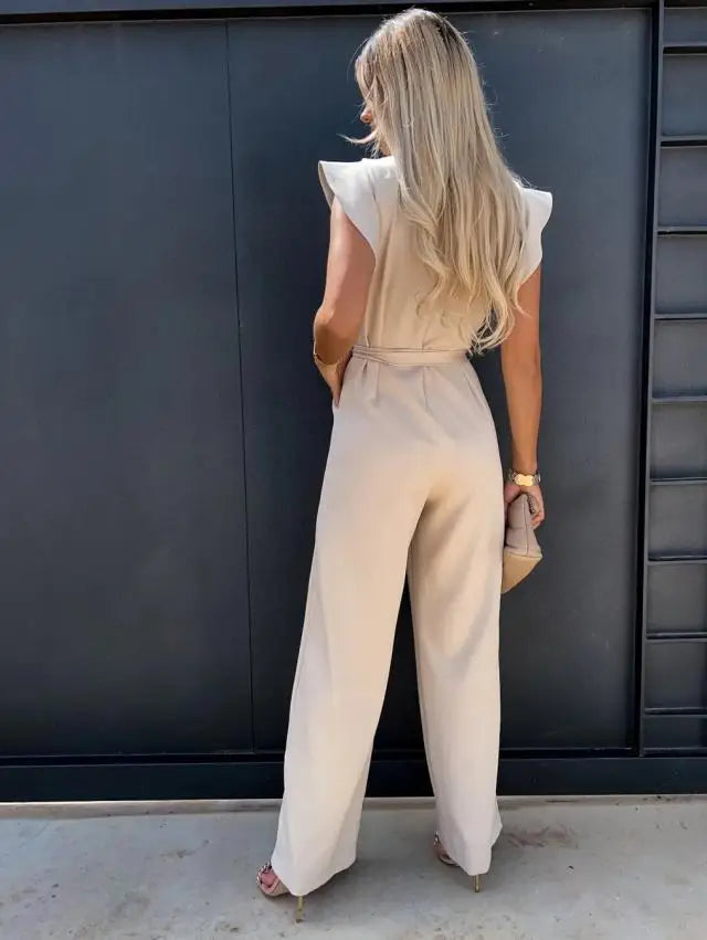Elegant Lace Up High Waist Jumpsuit for Women with Straight Leg and Ruffle Edge Sleeves in Solid Color