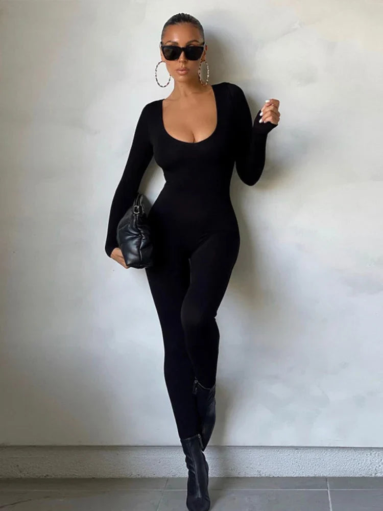Sexy Black Long Sleeve Bodycon Jumpsuit for Women Slim Fit Casual Streetwear Skinny Romper