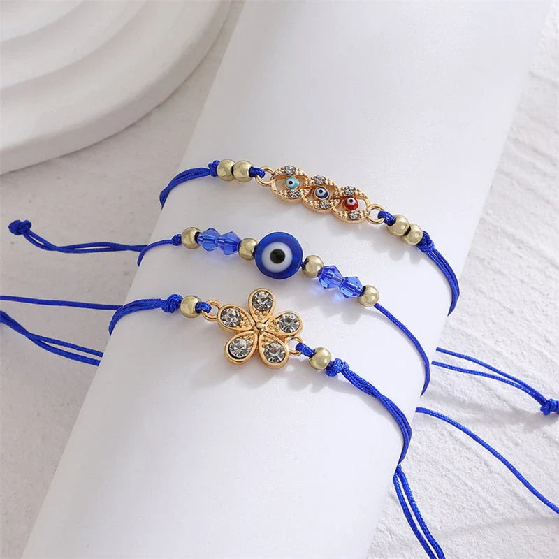 3 Pieces Lucky Turkish Blue Evil Eye Bracelets with Fatima Hand Hamsa and Butterfly Charm Handmade Jewelry