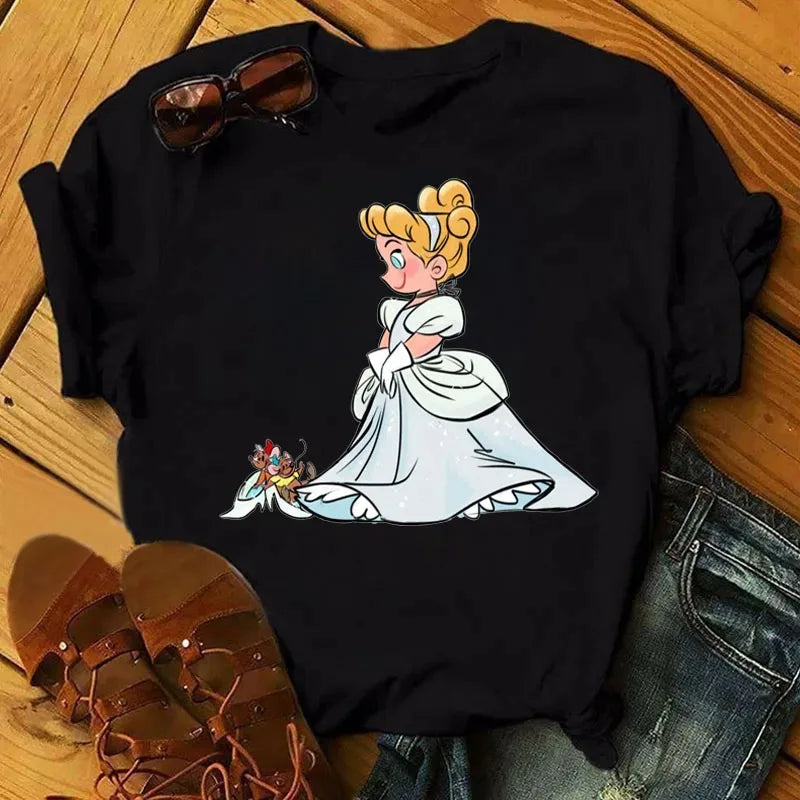 Cute Disney Princess Pattern Women's Cotton T-Shirt Short Sleeve Kawaii Graphic Tee for Casual Wear