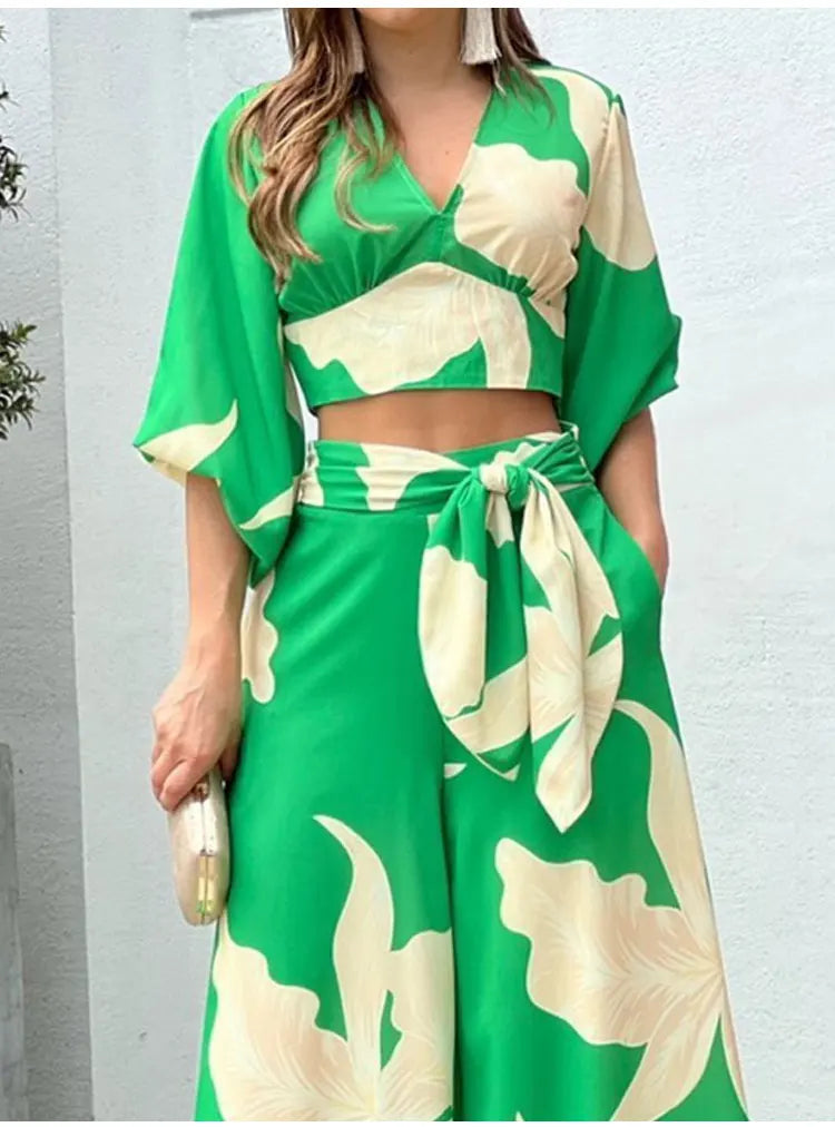 Casual Women's Two Piece Set Featuring V Neck Crop Top and High Waist Wide Leg Pants with Trendy Print for Stylish Autumn Outfits