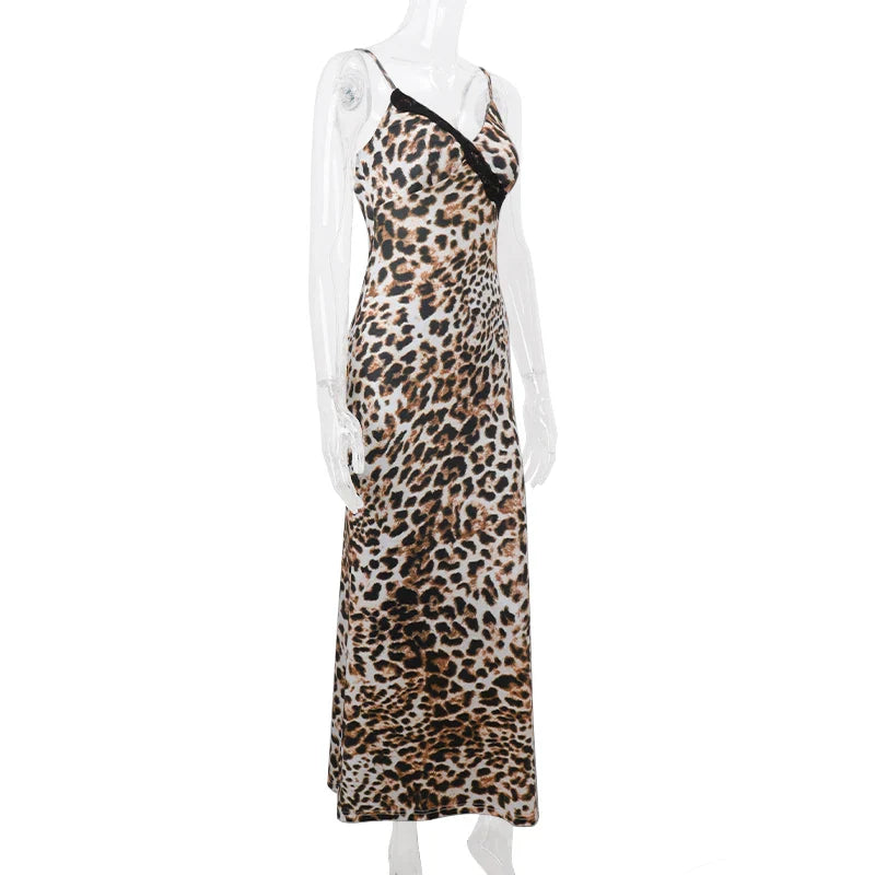 Leopard Print Slip Dress V Neck Sleeveless Party Dress