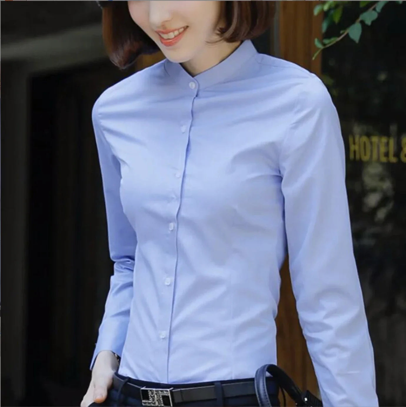Women's Long Sleeve White Basic Shirt Blouse Stand Neck Tunic Button Up Office Work Top All Season