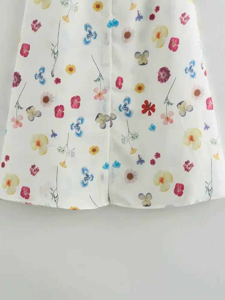 Women's Square Collar Lace-Up Slim Fit Top and Single Breasted A-Line Midi Skirt Two-Piece Set with Feminine Print