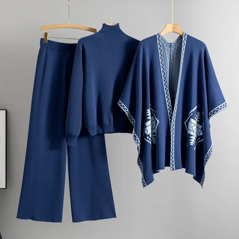 Cozy Knit Shawl Pants Set for Women with Elegant Turtleneck Sweater and Wide Leg Trousers