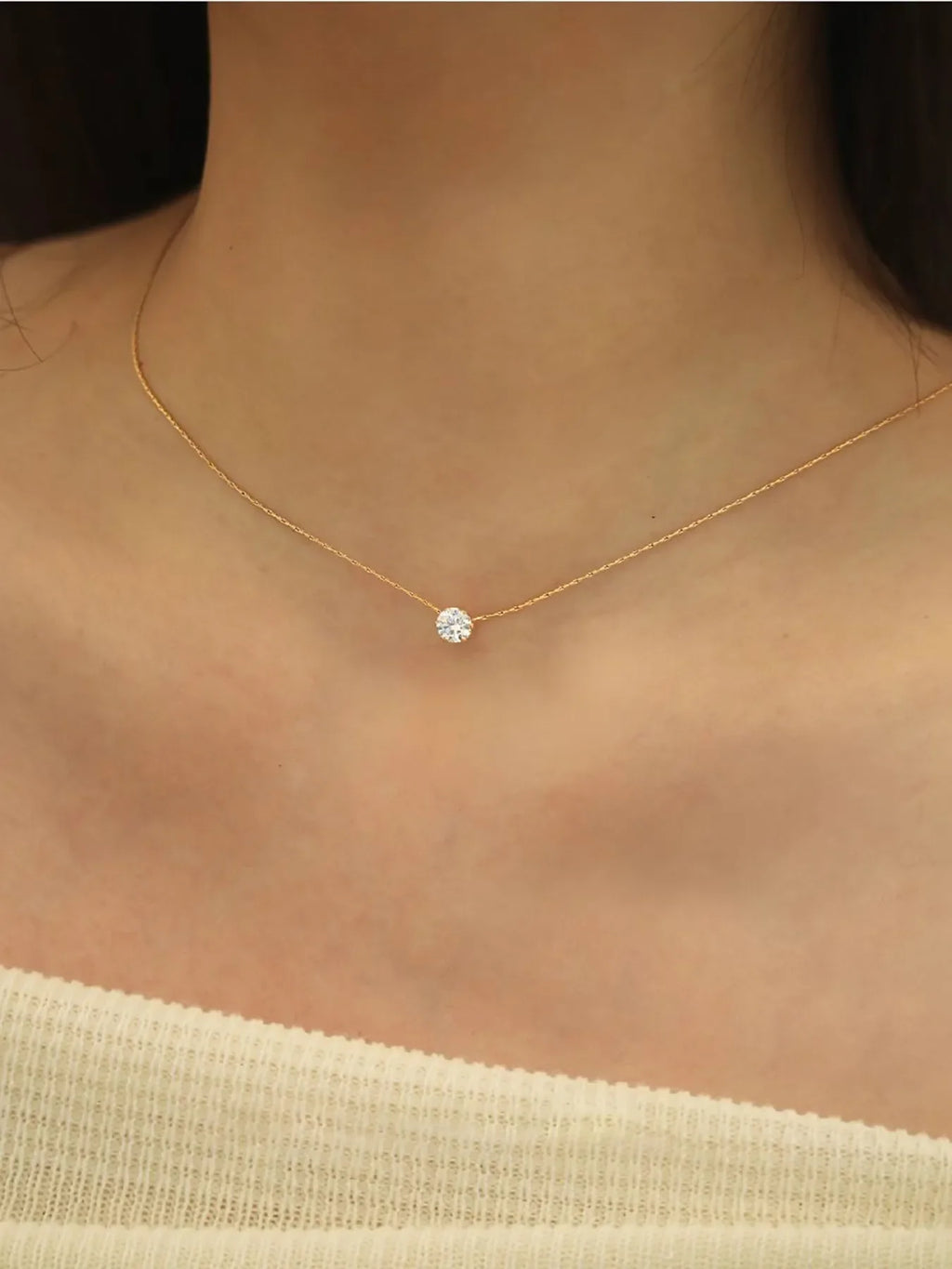 Dainty Minimalist Zircon Charm Necklace with Anti Tarnish Stainless Steel Chain and Round Clear CZ Stone