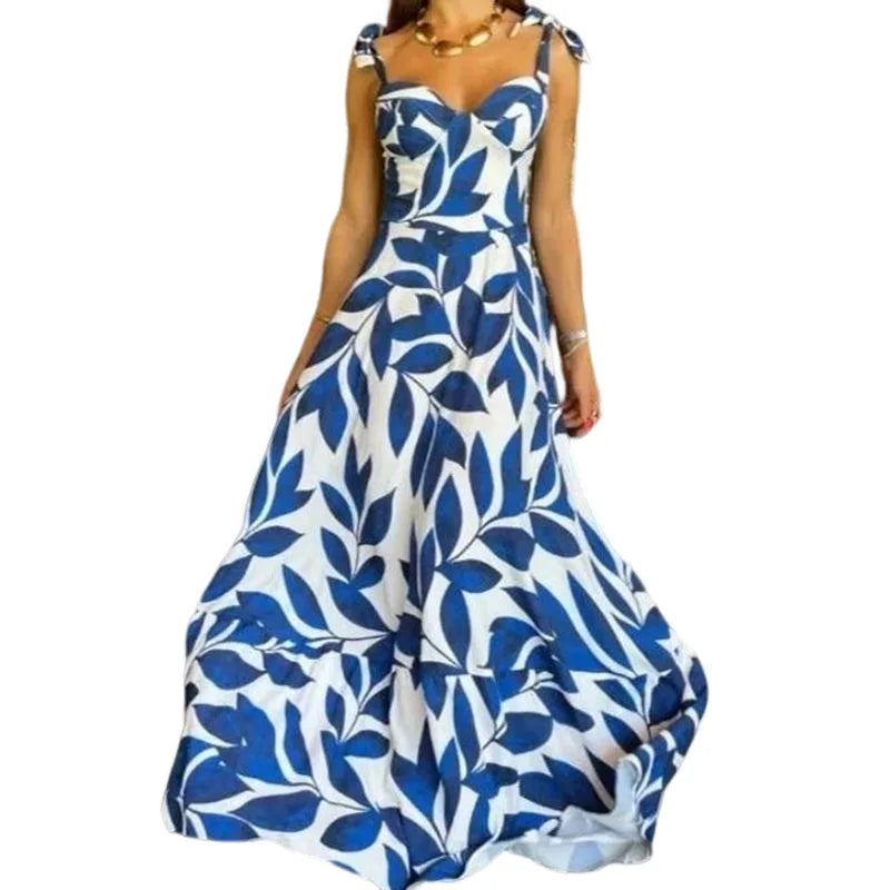 Summer Print Long Dress Spaghetti Strap Sundress V Neck