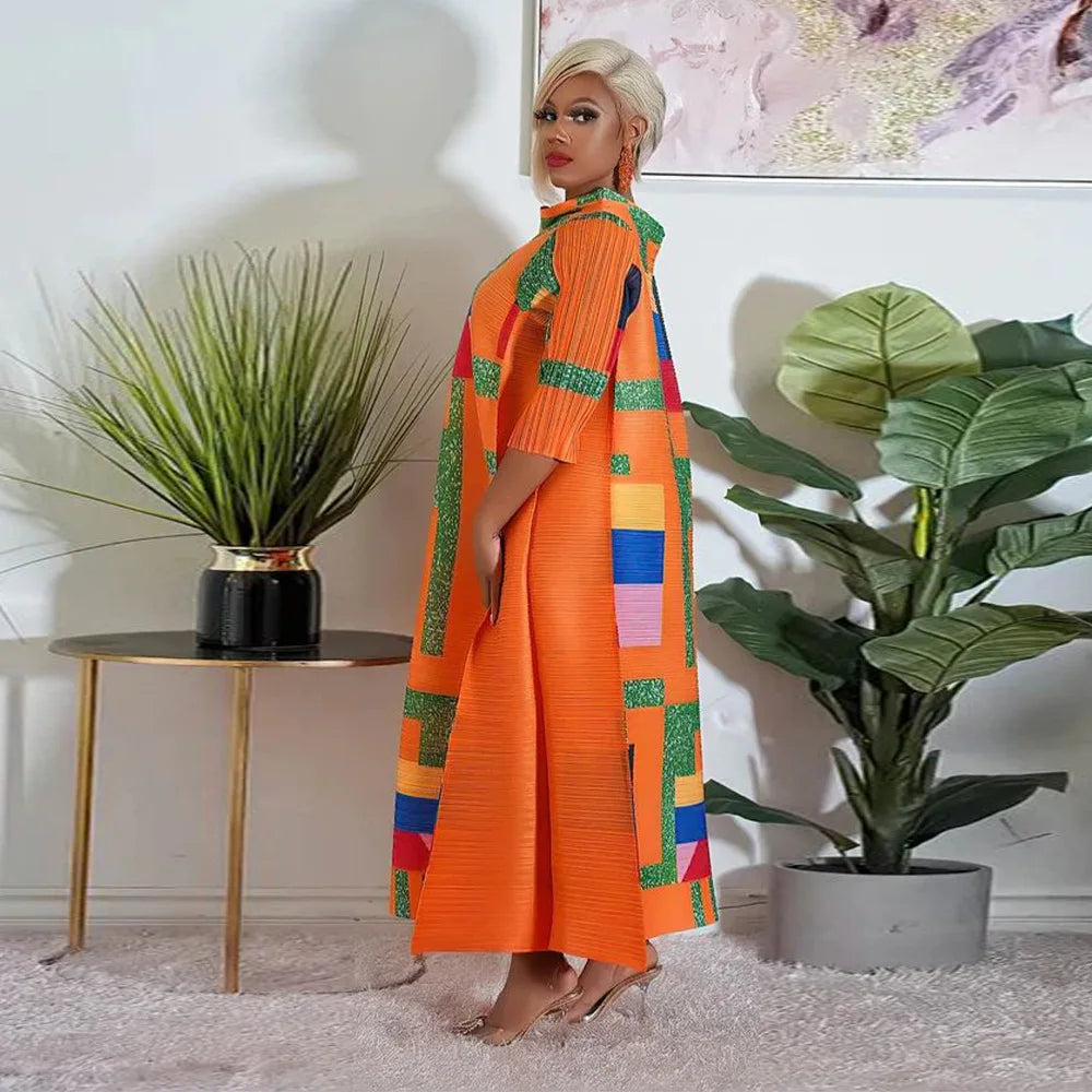 Leaf Print Pleated Boho Maxi Dress for Women Casual Beach