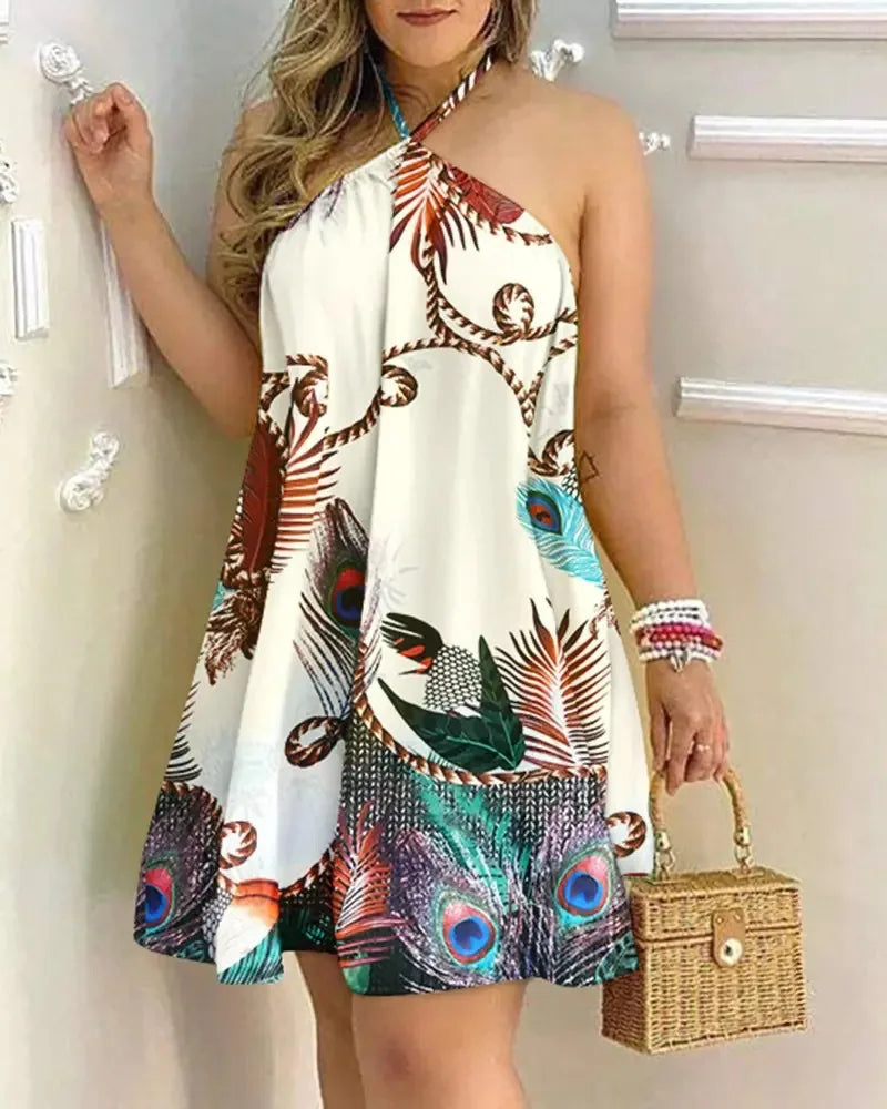 Halter Neck Backless Print Dress For Women Sleeveless