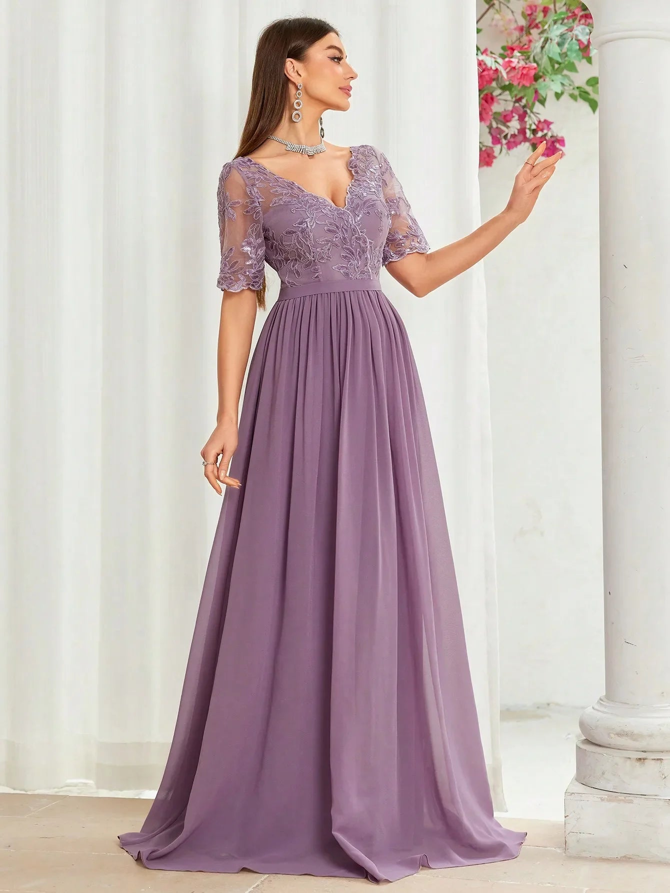 V Neck Embroidered Lace Chiffon Maxi Dress with Sleeves