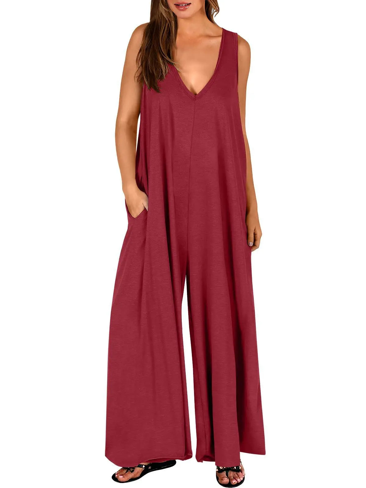 Summer Casual Women's Lightweight Pocket Jumpsuit Breathable Thin Fabric Romper for Daily Wear