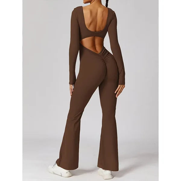 Long Sleeved U-Neck Tight Fit Backless Jumpsuit for Autumn and Winter Yoga Sports and Leisure