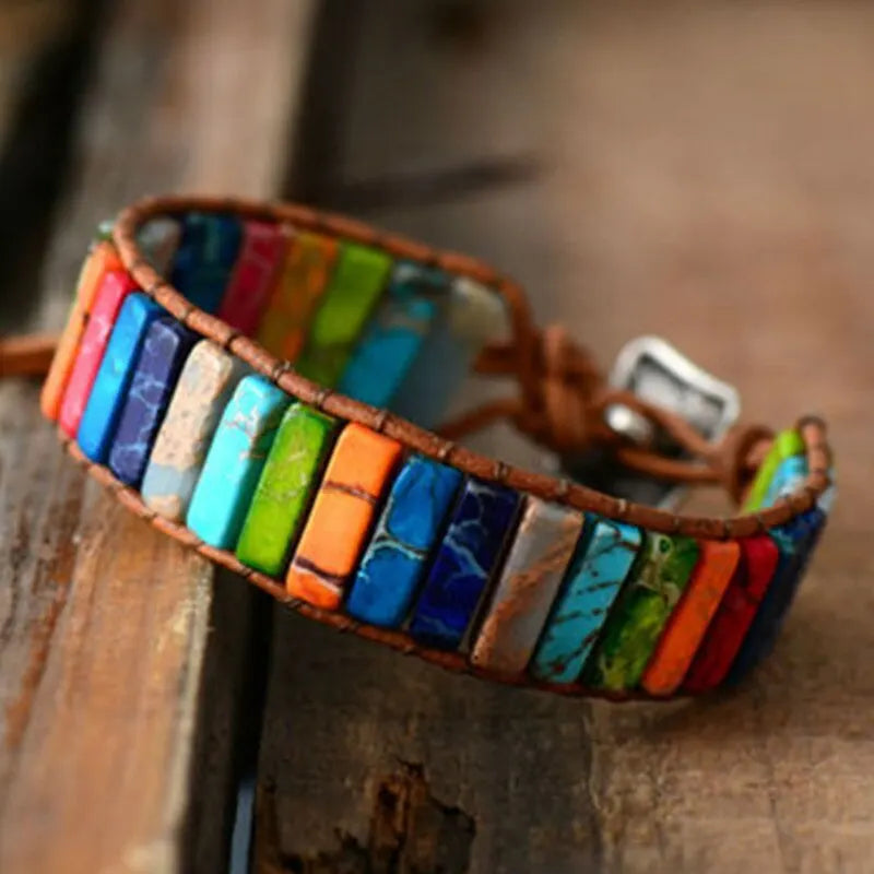 Bohemian Multicolor Chakra Healing Bracelet with Rectangular Stones and Leather Rope Woven Design
