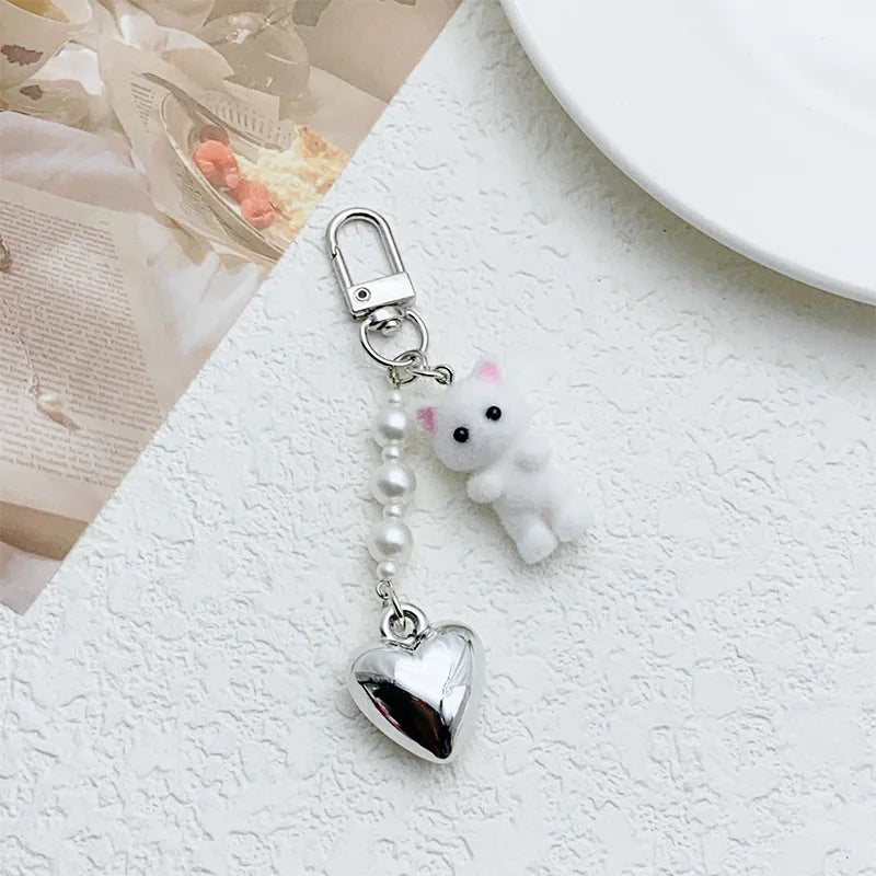 Cute Flocking Cat Keychain 3D Love Pendant Headphone Charm Bag Decor Jewelry Gift