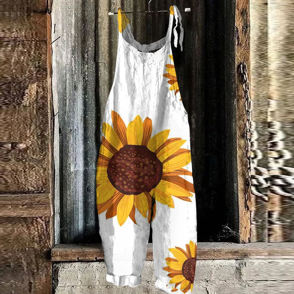Sunflower Print Slim Fit Cotton Linen Overalls Women Casual Loose Jumpsuit Stylish Romper with Adjustable Shoulder Straps Comfortable Everyday Wear