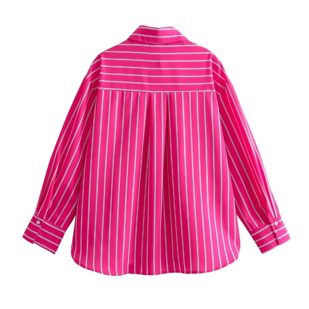 Women's Casual Loose Stripe Shirt with Versatile Patch Bag Decoration Stylish Simple Fashion Top for Everyday Wear