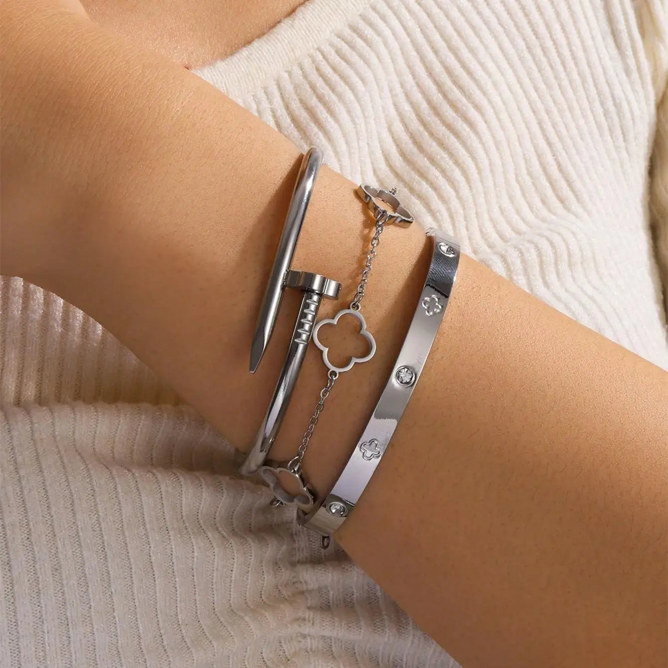 3PCS Lucky Clover Women's Bracelet Set High Quality Stainless Steel Charm Jewelry Gift