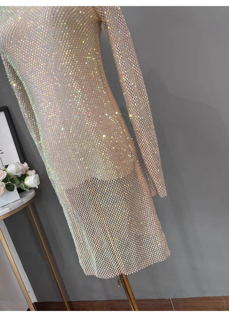 Rhinestone High Neck Glitter Party Dress Mid Length