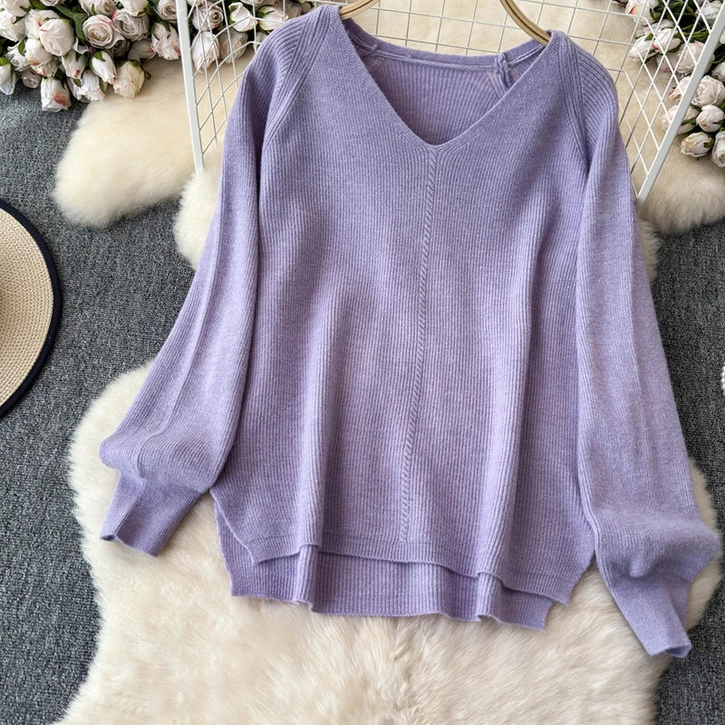 Knitted V-Neck Sweater and Straight Jogging Pants Women's Tracksuit Set