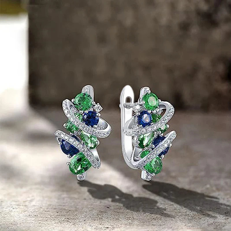Green and Blue Cubic Zirconia Hoop Earrings for Women Elegant Bridal Wedding Party Jewelry