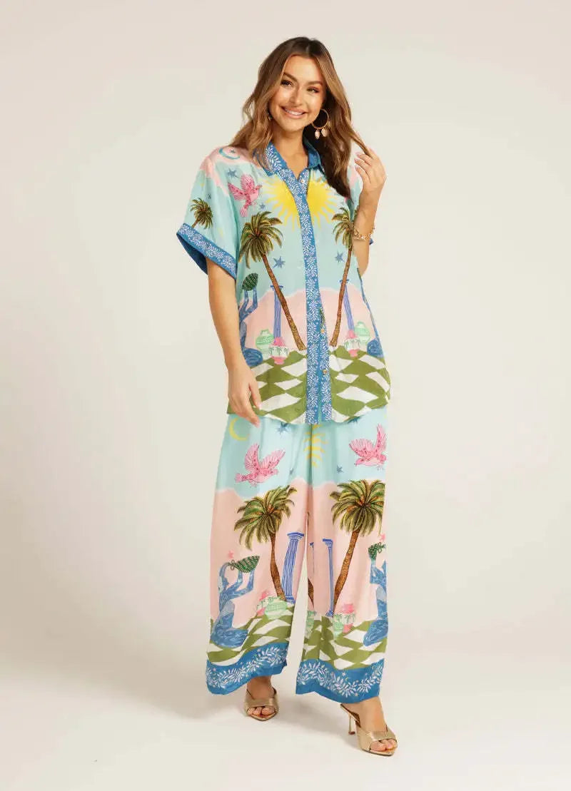 Summer Fashion 2 Piece Set for Women with Printed Half Sleeve Shirt and High Waisted Wide Leg Pants