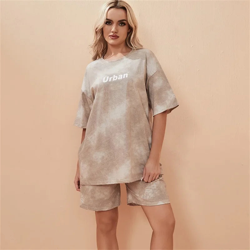 2Piece Women's Tie Dye T-Shirt and Wide Leg Shorts Set Casual Loose Fit Soft Summer Outfit with Pockets
