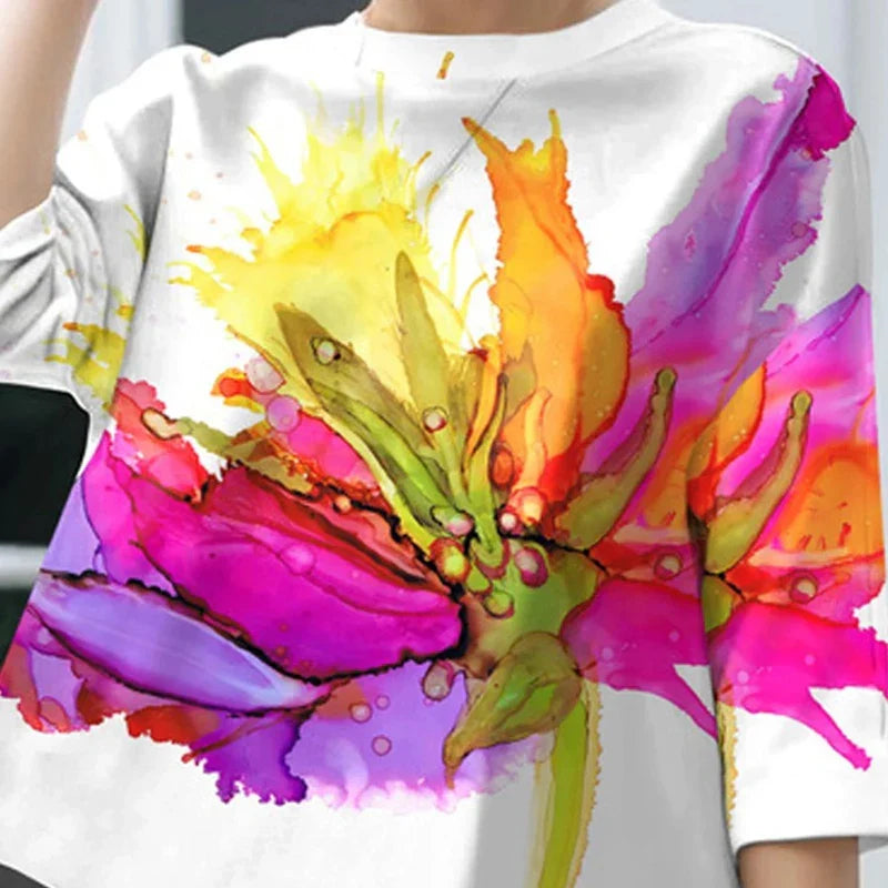 Women Floral Printed Loose Fit T-Shirt with Three-Quarter Sleeves and Round Neck for Casual Summer Style