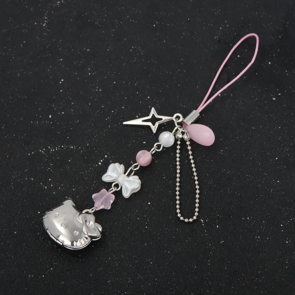 Kawaii Cat Bowknot Star Charm Phone Chain Cute Cartoon Kitty Keyring Pendant for Bags and Cosplay Jewelry Gift