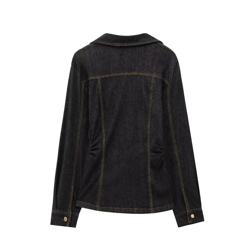 Women's Slim-Fit Denim Shirt with Stretch Waist and Flare Trousers for Comfortable Spring Style