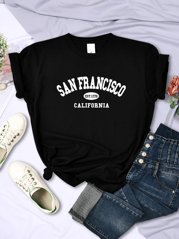 San Francisco California Letter Print Casual Women T-Shirt Short Sleeve Soft Breathable Tee