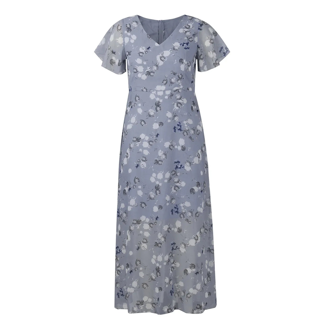 Women's Floral Chiffon Swing Dress with V Neck Short Sleeve