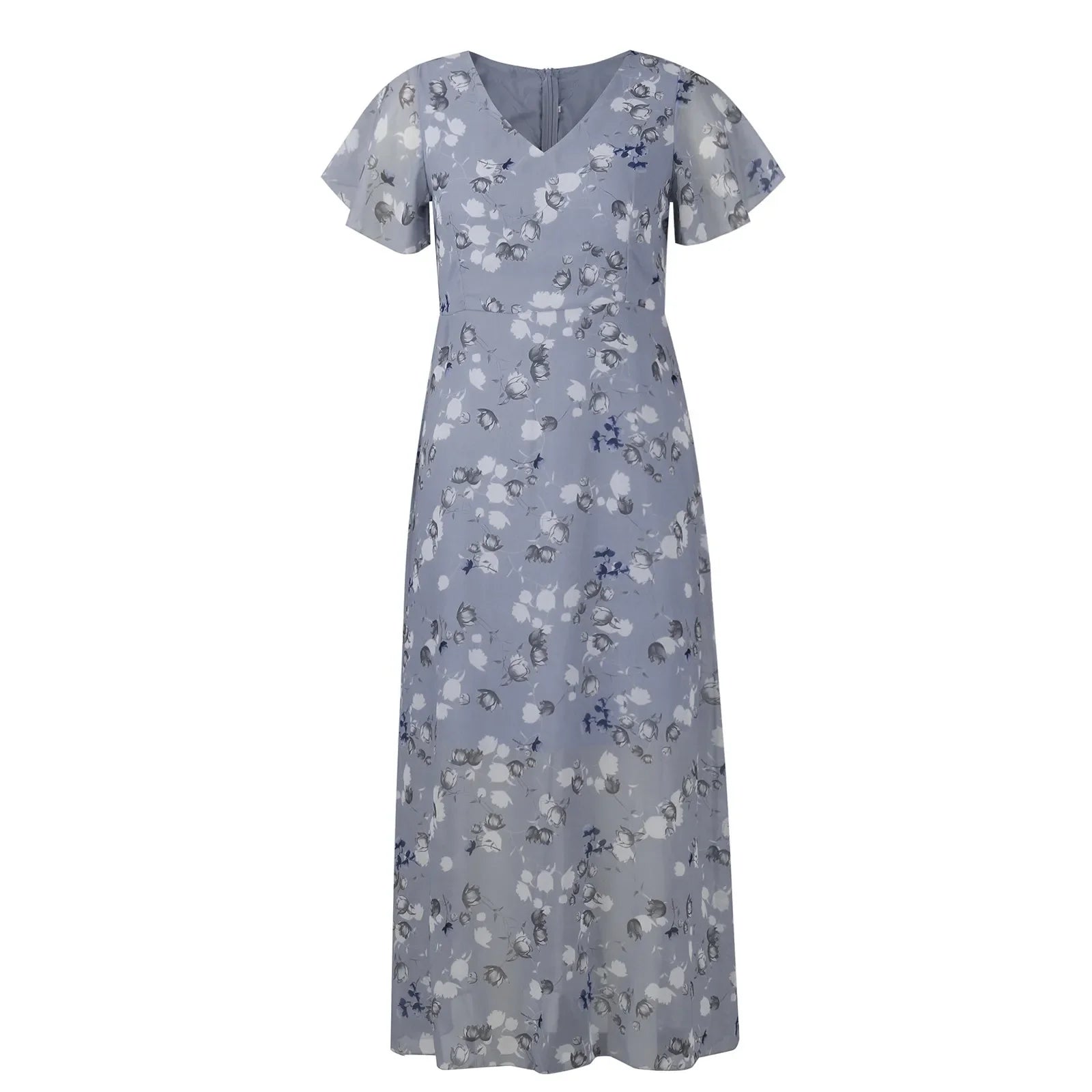 Women's Floral Chiffon Swing Dress with V Neck Short Sleeve