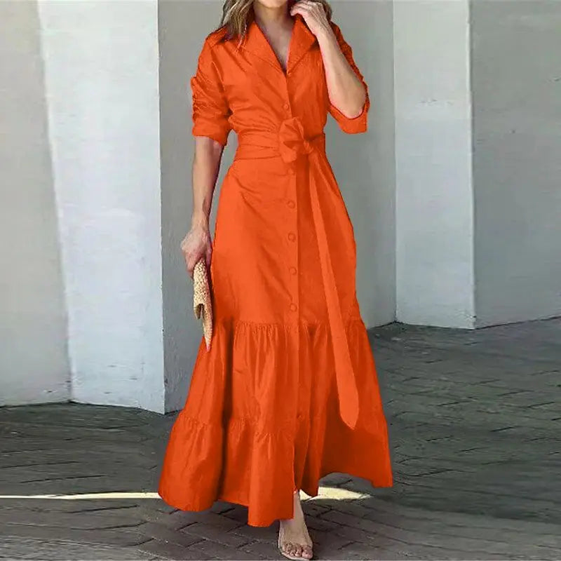 Long Sleeve Sundress With Ruffles Belted Shirt Dress