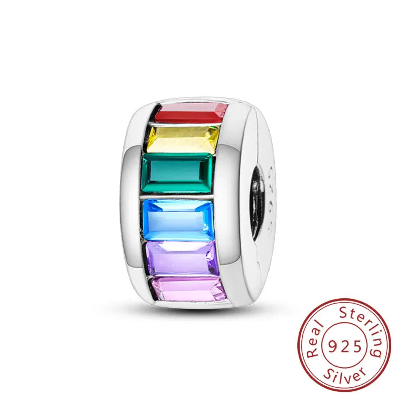 Fit Original 925 Sterling Silver Clip Charms with Zircon and Silicone Spacer Beads for Women DIY Bracelet Gift