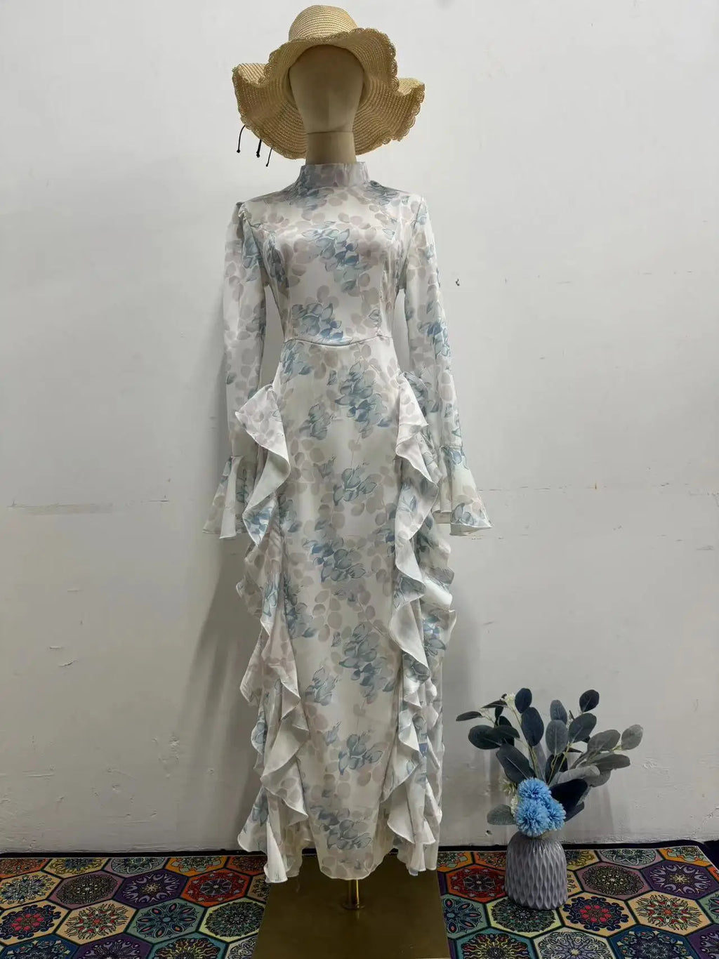 Satin Lace Up Printed Dress Long Sleeve Bodycon Evening Gown