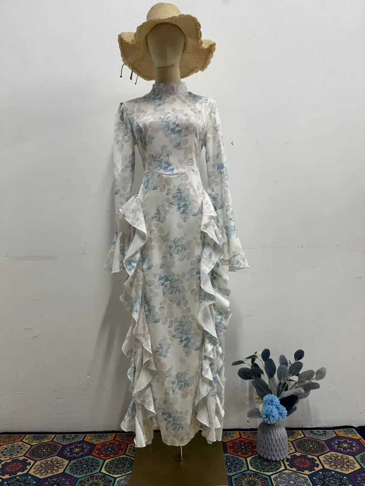 Satin Lace Up Printed Dress Long Sleeve Bodycon Evening Gown