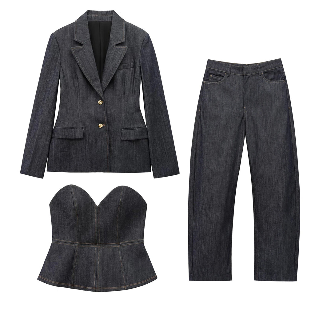 Women's Denim Jacket and Pants Set with Long Sleeve Blazer, Strapless Vest, and Straight Leg Jeans Fashion Outfit
