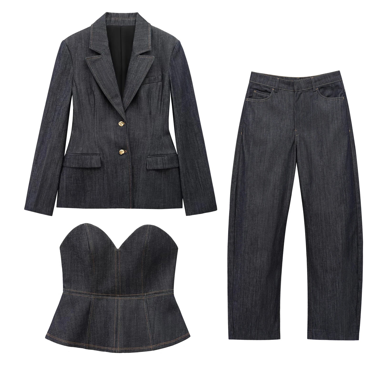 Women's Denim Jacket and Pants Set with Long Sleeve Blazer, Strapless Vest, and Straight Leg Jeans Fashion Outfit