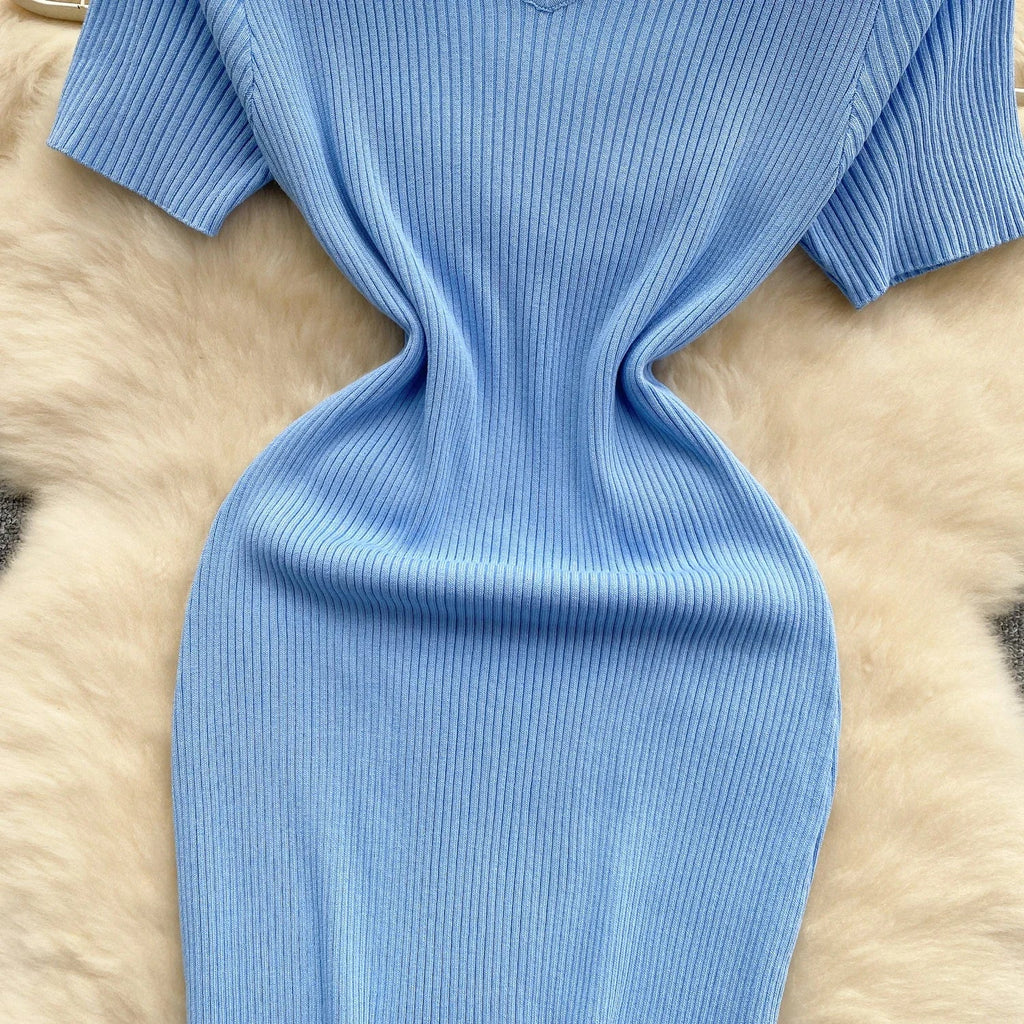 Summer Knit Bodycon Solid Dress for Women Short Sleeve Maxi