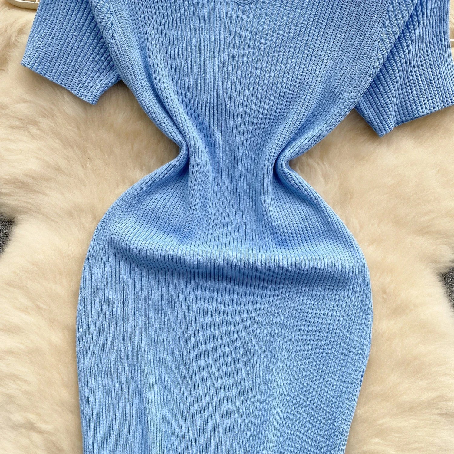 Summer Knit Bodycon Solid Dress for Women Short Sleeve Maxi