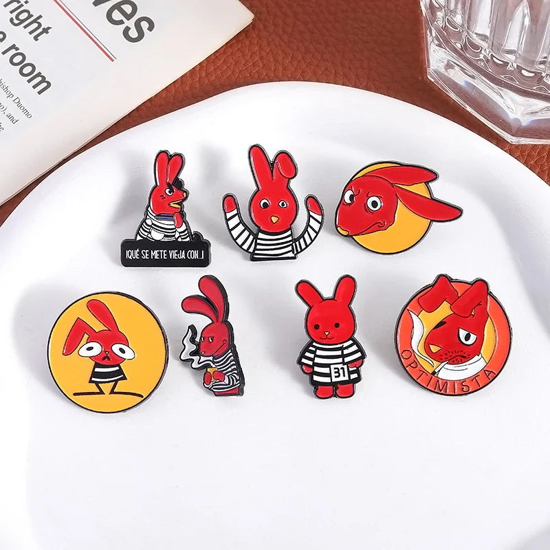 Humorous Anime Character Enamel Pins Red Eared Rabbit Brooch for Backpack and Jewelry Gifts