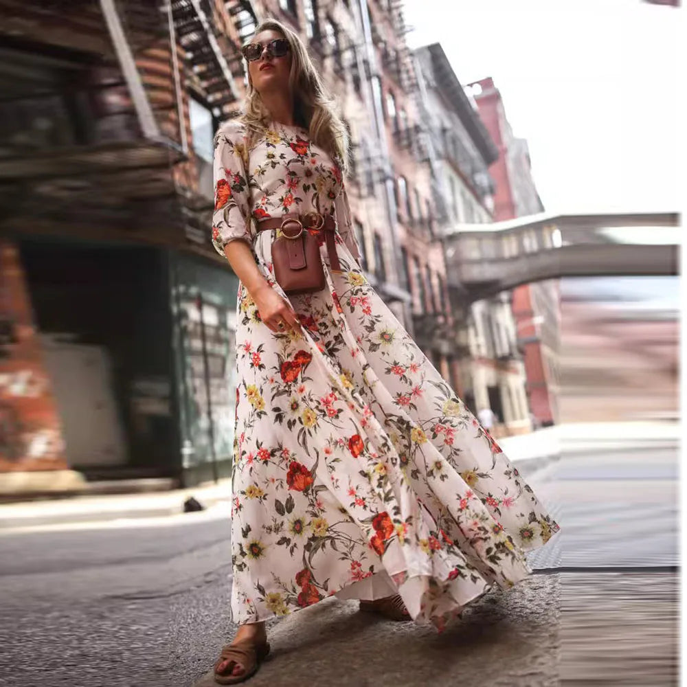Floral Print A Line Maxi Dress With Elegant High Waist