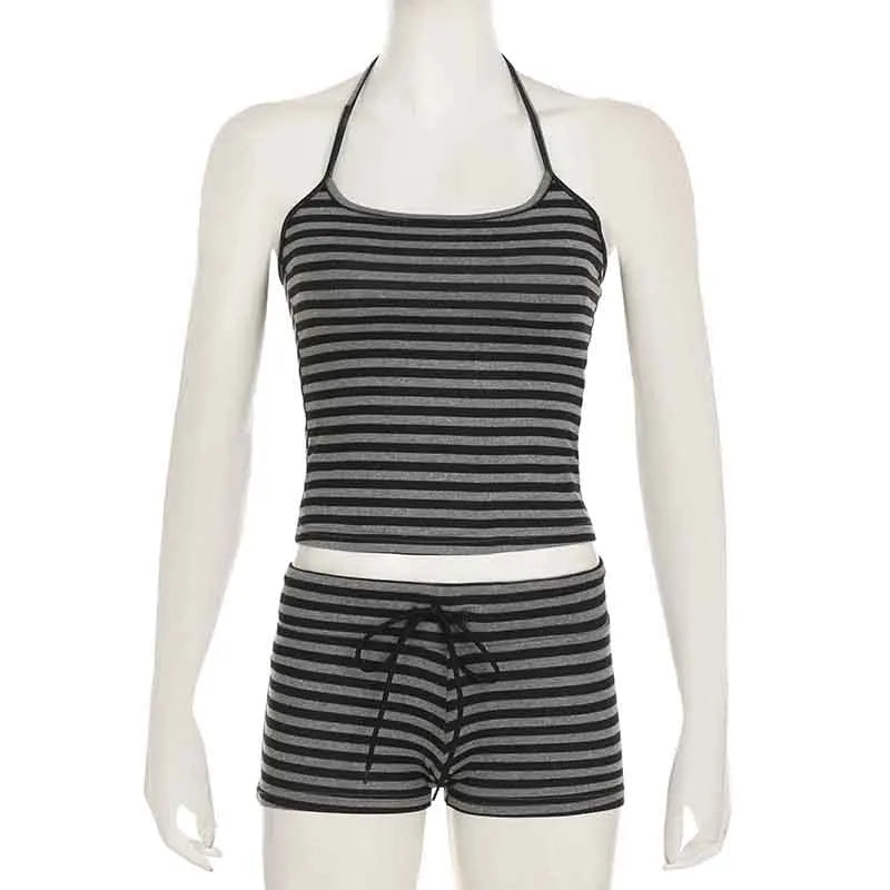 Casual Striped Two Piece Set for Women Slim Fit Backless Bandage Halter Top with Low-Waisted Shorts Summer Lounge Wear
